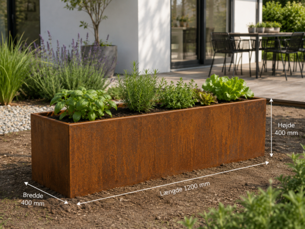 Højbed i rustfarvet stål uden bund, 1200 x 400 x 400 mm, med urter og salat ved terrasse