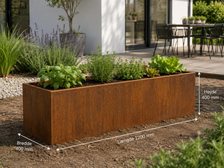 Højbed i rustfarvet stål uden bund, 1200 x 400 x 400 mm, med urter og salat ved terrasse