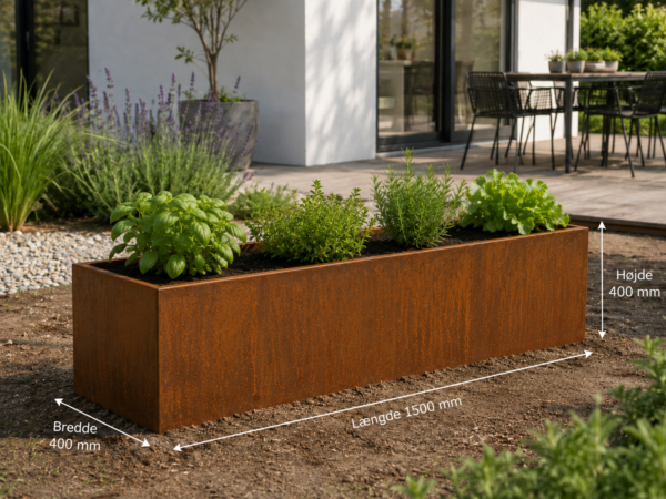 Stort højbed i rustfarvet stål uden bund, 1500 x 400 x 400 mm, med grønne planter i haven