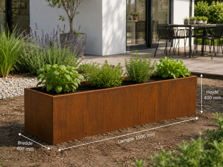 Stort højbed i rustfarvet stål uden bund, 1500 x 400 x 400 mm, med grønne planter i haven